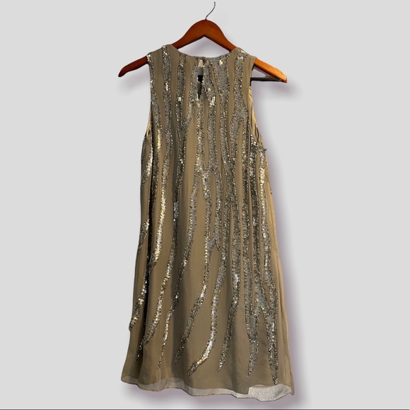 NWT PARKER Beaded Sequin Crew Neck Mini Shift Dress Tan Size M 100% Silk - Picture 4 of 13